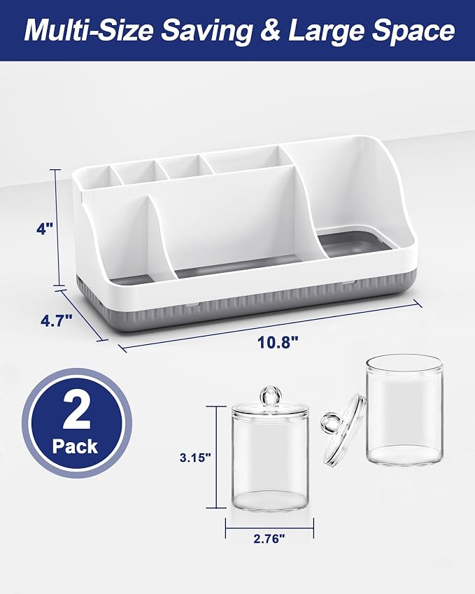 Bathroom Counter Organizer and Storage with 2 Pack Qtip Holder Dispenser, 7 Slots Detachable Toothbrush Holders for Bathrooms, Anti-Slip Electric Toothbrush and Toothpaste Holder Countertop