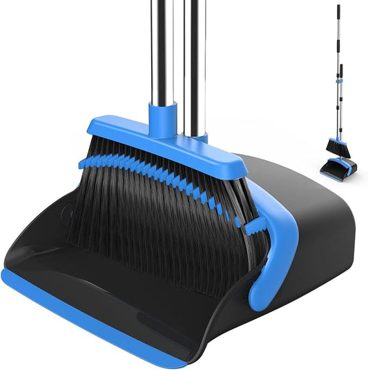 NACENA Broom and Dustpan Set with 52-in Long Adjustable Handle, Black Blue | Broom Dustpan Combo with Dustpan Teeth to Automatically Clean Hair Suitable for Home Kitchen Office Hall Floor