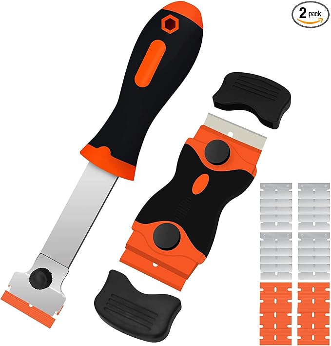 DEKEones Razor Blade Scraper, 2 PCS Razor Scraper Tool for Removing Label, Registration Sticker, Tint, Grease from Windshield, Appliance, Glass (Extra 20 Metal and 10 Plastic Blades)