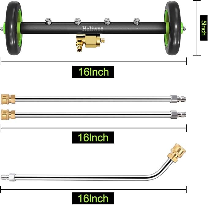 Undercarriage Pressure Washer Attachment 16 inch, Water Broom 4000 PSI | Heliwoo Dual Function Power Washer Surface Cleaner with 4 Nozzles & 3pcs 1/4’’ QC Extension Wand for Chassis Driveway Yard