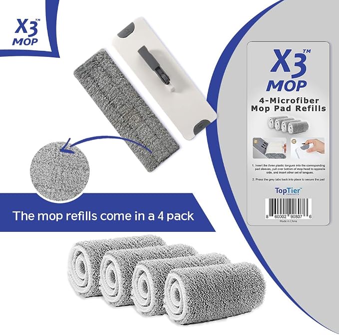X3 Mop Replacement Microfiber Cleaning Pads, 4 Pack of Reusable Flat Mop Heads (Pads fit Original X3 Mop Only)