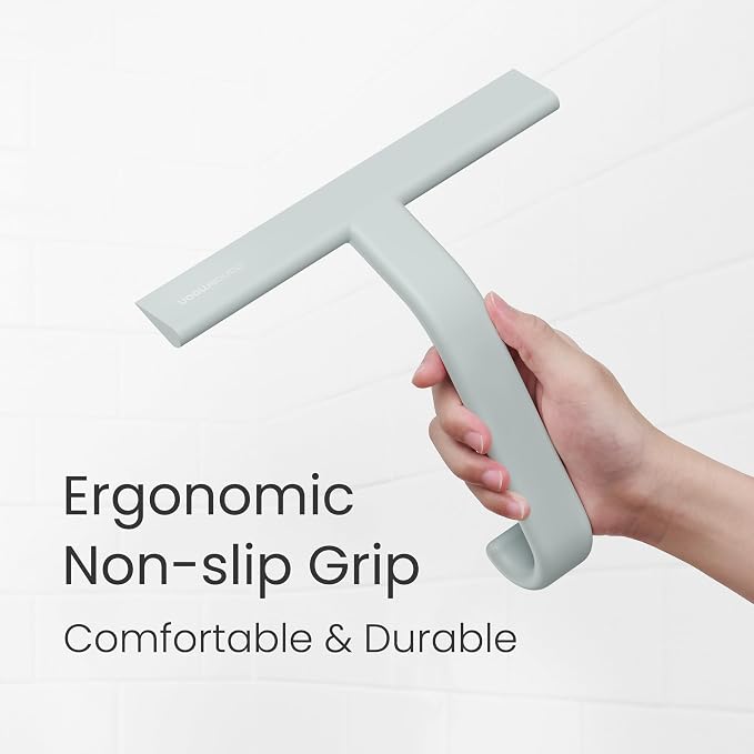 dancemoon JustHang Shower Squeegee with Built-in Hook, 10-Inch Sage Green | Award-Winning Design, All-One-Piece Soft-Touch Silicone, for Glass Door, Bathroom, Window, Mirror, Tile Wall, Car