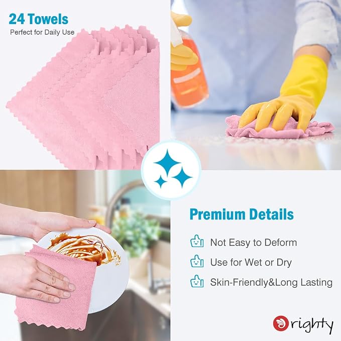 Orighty Microfiber Cleaning Cloth - 24 Pack, Pink Cleaning Rags 12x11 inch | Microfiber Towels for Cars, Highly Absorbent Household Cleaning Supplies, Reusable Lint Free Cloths for House, Kitchen