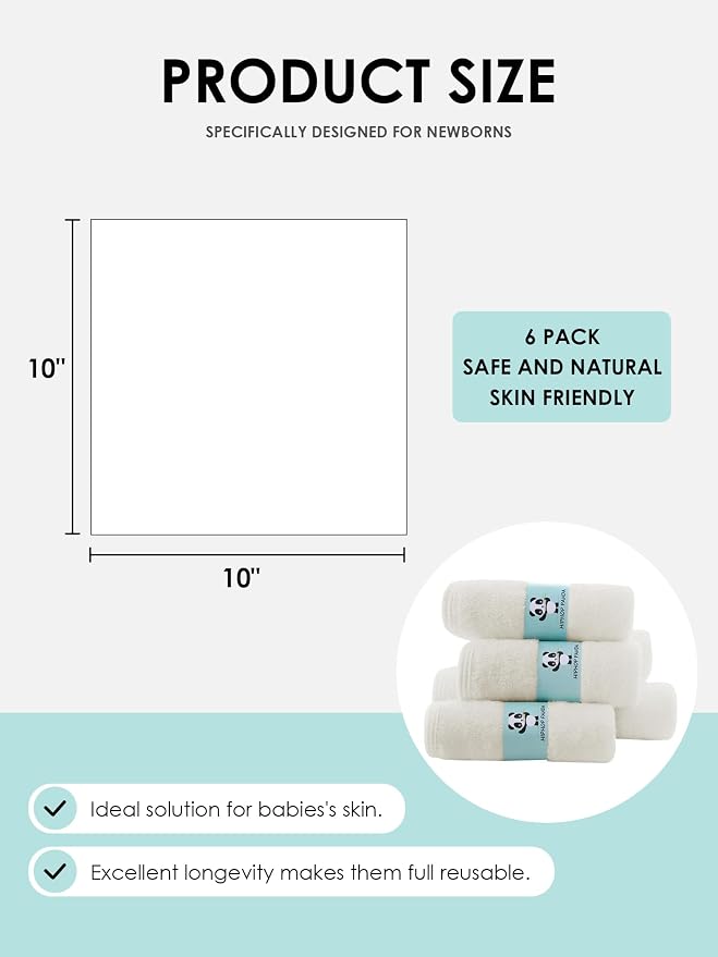 HIPHOP PANDA Baby Washcloths, Rayon Made from Bamboo - 2 Layer Ultra Soft Absorbent Newborn Bath Face Towel - Reusable Baby Wipes for Delicate Skin - Ivory, 6 Pack