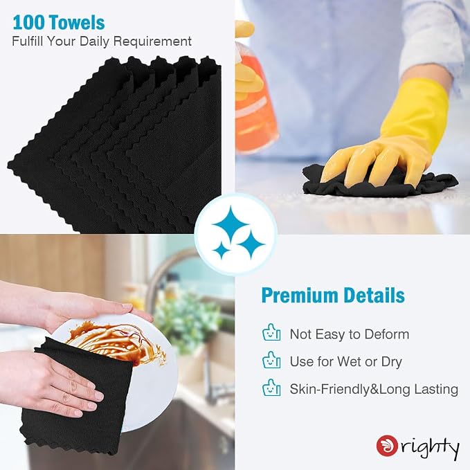 Orighty Microfiber Cleaning Cloth Bulk, 100 Pack, 11.5x11.5 inch, Black | Microfiber Towels for Cars, Multi-Purpose Shop Towels, Soft Highly Absorbent Cleaning Rags for Car, Home, Kitchen