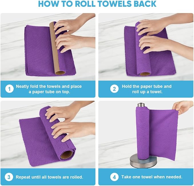 AIDEA Microfiber Cleaning Cloth Roll-50PK, Reusable Paper Towels 11.5×11.5" | Tear Away Cloth, Microfiber Towels for Cars, Lint Free Cleaning Rags for House, Kitchen, Window, Purple
