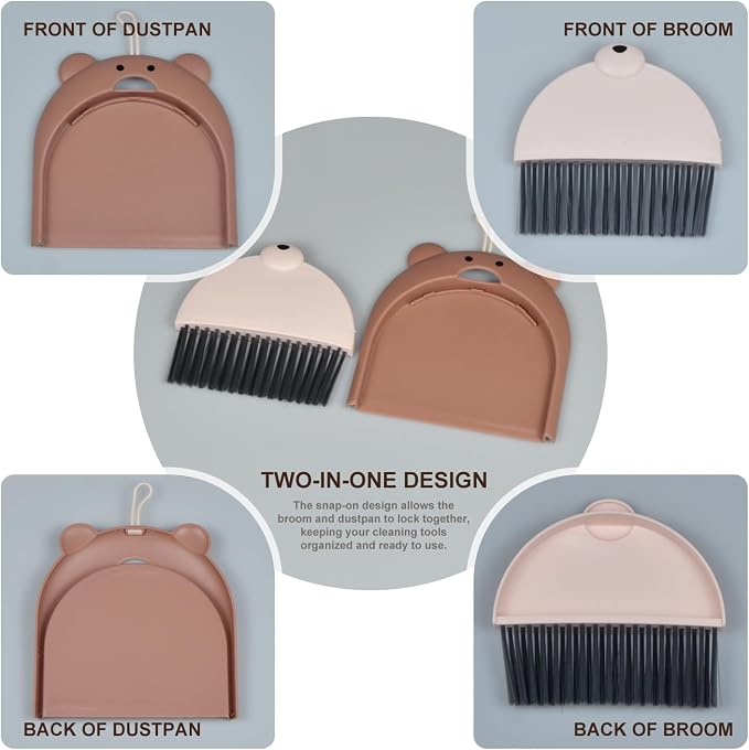 Mini Broom and Dustpan Set 6.2x6.3 Inches Compact Hand Broom for Desktop Table Countertop Car Office Kitchen Small Space Cleaning (Brown)