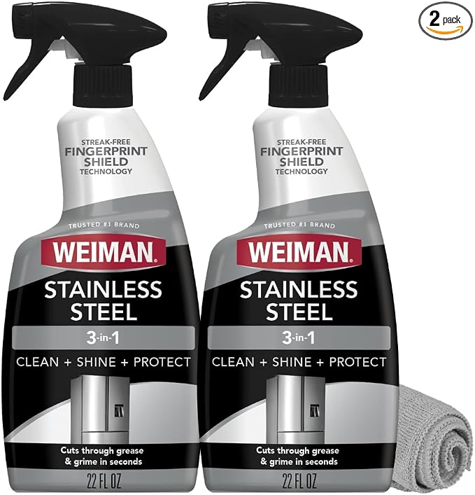 Weiman Stainless Steel Cleaner & Polish, 2 Pack, Anti Fingerprint Spray Stainless Steel Cloth, Water Spots & Grease, No Streaks or Residue, Safe for Metal Polish, Chrome, Appliances, Sinks & Grills
