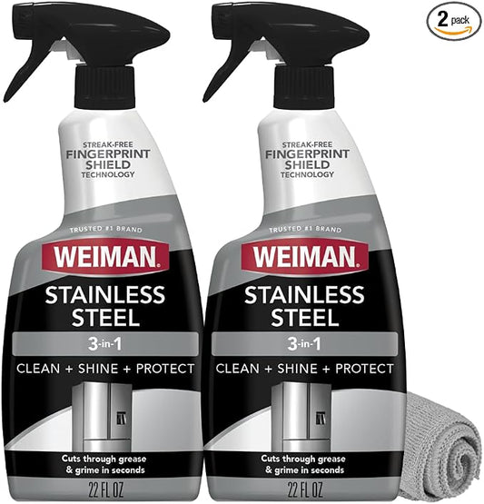 Weiman Stainless Steel Cleaner & Polish, 2 Pack, Anti Fingerprint Spray Stainless Steel Cloth, Water Spots & Grease, No Streaks or Residue, Safe for Metal Polish, Chrome, Appliances, Sinks & Grills
