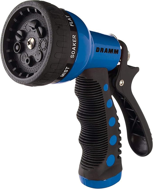 Dramm Revolver Heavy Duty Metal Garden Hose Nozzle – 9 Spray Patterns, High Pressure Jet, Thumb-Control Flow, Ergonomic Grip – Blue