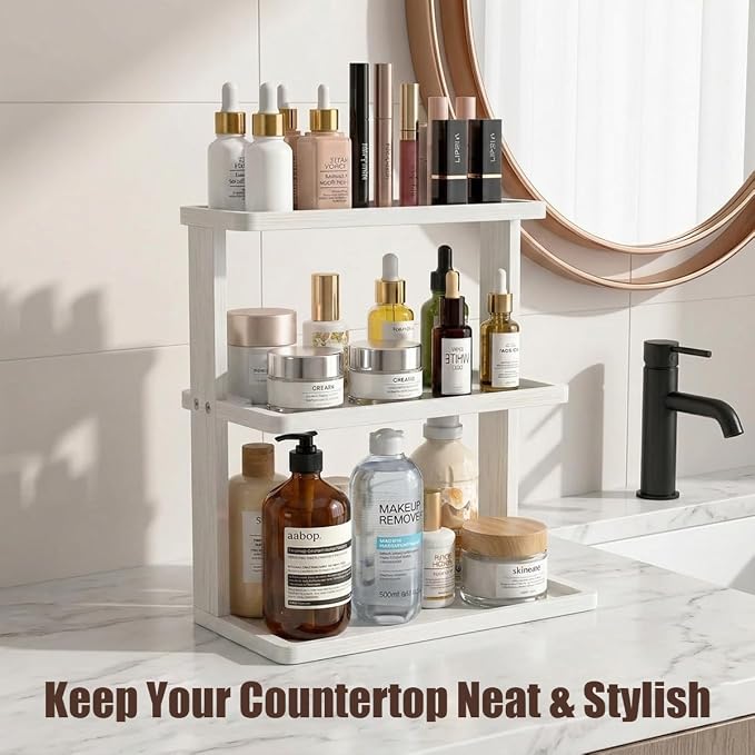 PEKER Bamboo Bathroom Organizer Countertop – Vanity Storage Shelf for Makeup, Perfume, Skincare – Natural Cosmetics Display Rack for Dresser, Sink, Kitchen – White