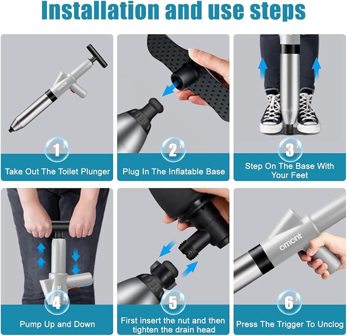 Toilet Plunger Drain Clog Remover: High Pressure Air Drainage Blaster Clog Remover Tool- Stainless Steel Gray Air Plunger for Bathroom, Sink, Floor, Kitchen Clogged