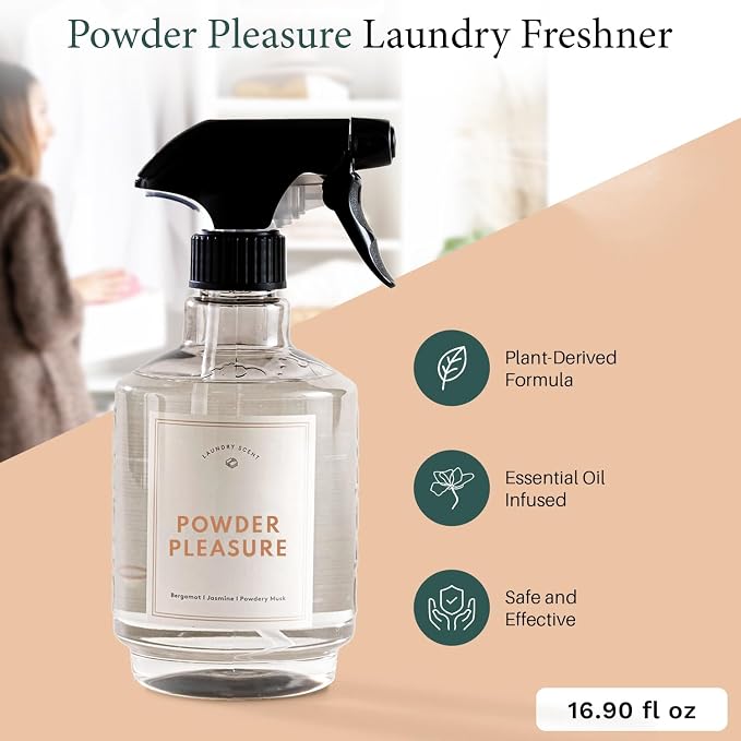 Chakra Freshener Fabric Spray - Long-Lasting Multi-Purpose Laundry Scent for Bedding, Clothes & Home Fabric Deodorizer, Luxury Room Deodorizer, Linen Spray w/Trigger, 16.9 fl oz, Powder Pleasure
