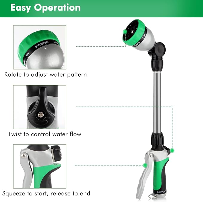 RESTMO Heavy Duty Metal Hose Wand, Watering Wand for Garden Hose | 180° Swivel Ratcheting Head, 16'' Hose Sprayer, 7 Spray Patterns, Flow Control, Ideal for Hanging Baskets & Shrubs