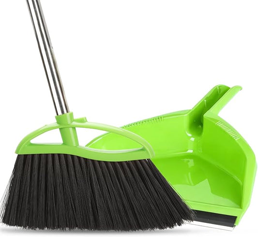 Soft Bristle Broom and Dustpan Combo Set, Long Handle Indoor Broom (Green) | No-bend Long Handle & Angled Head Sweep Dust Effortlessly. Rubber Strip Locks Fine Particles. For hardwood, tile