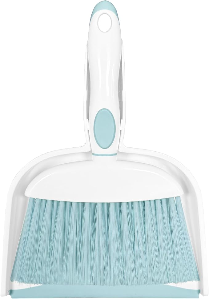 Mini Broom and Dustpan Set Small Broom with Dustpan Combo Set Portable Cleaning Tools for Home Office RV Learning Camping (White+Blue)
