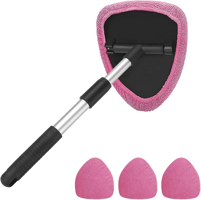 Extendable Car Windshield Cleaning Tool with Microfiber Pads, Pink | reusable glass-wiper design, interior and exterior window use, fits most cars, SUVs, and trucks, automotive cleaning tools