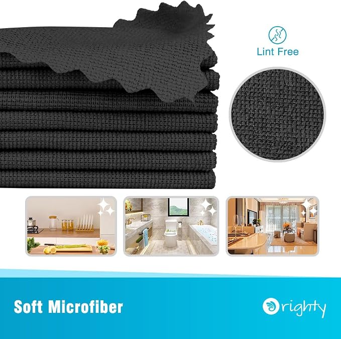 Orighty Microfiber Cleaning Cloth 5 Pack, Black Cleaning Rags 12x11 inch | Microfiber Towels for Cars, Highly Absorbent Household Cleaning Supplies, Reusable Lint Free Cloths for House, Kitchen