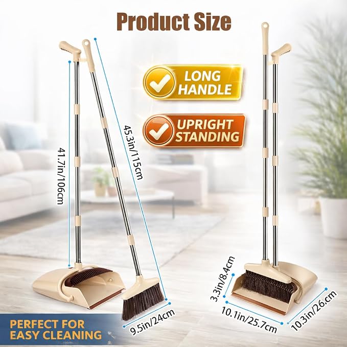 Broom and Dustpan Set with Long Handle and 6 Bonus Cleaning Tools, Upright Standing Combo with Self-Cleaning Teeth & Windproof Dustpan for Pet Hair, Home, Kitchen, Garage, Apartment