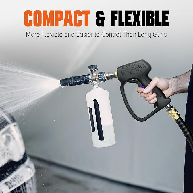 Short Pressure Washer Gun with 360°Swivel, 4000 PIS Power Washer Gun | Stubby High Pressure Washer Gun, 3/8" Male Plug, 1/4" Quick Connect, 5 Spray Nozzle, Car Wash Gun for Foam Cannon