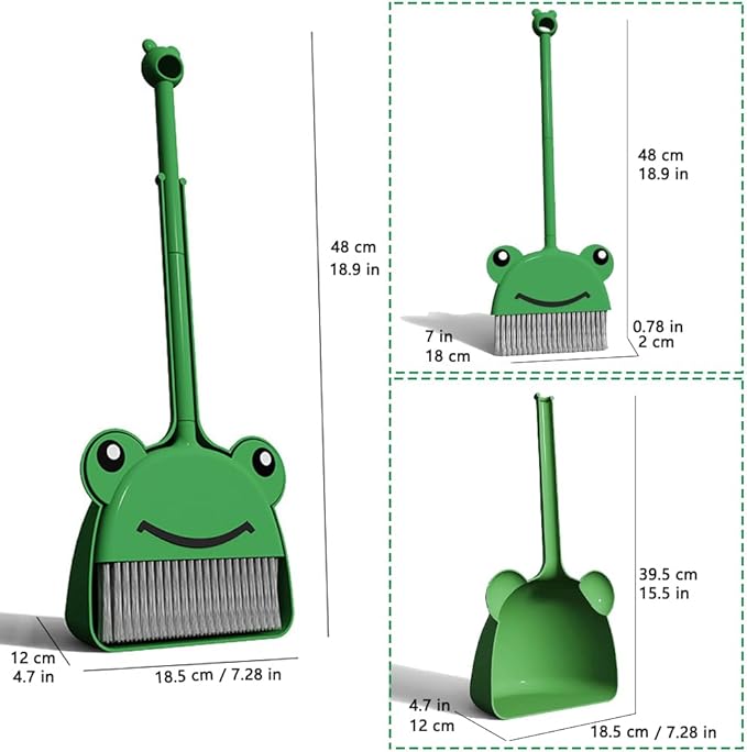 Mini Broom with Dustpan for Boy I Kids Small Cleaning Set Combo Pretend Play I Toddler Kitchen Dress Up Toys–Frog Green