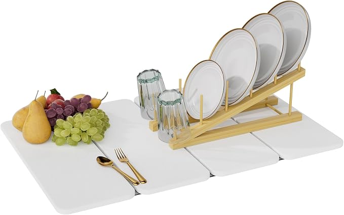 2-in-1 Stone Dish Drying Mat and Bamboo Dish Rack Combo, 24x16 Inch Super Absorbent Fast Dry Diatomaceous Earth Dish Drying Mat, Foldable Space Saver for Kitchen Counter Bathroom Apartment