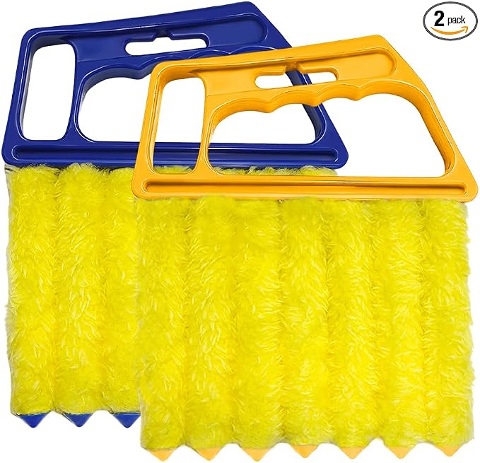 DXNQ 2 PCS Blind Cleaner Duster Tool, Window Venetian Hand-held 7 Finger Dusting Cleaner Brush, Blinds Cleaning Brush Tool for Window Shutters Air Conditioner, Car Accessories (Blue+Yellow)