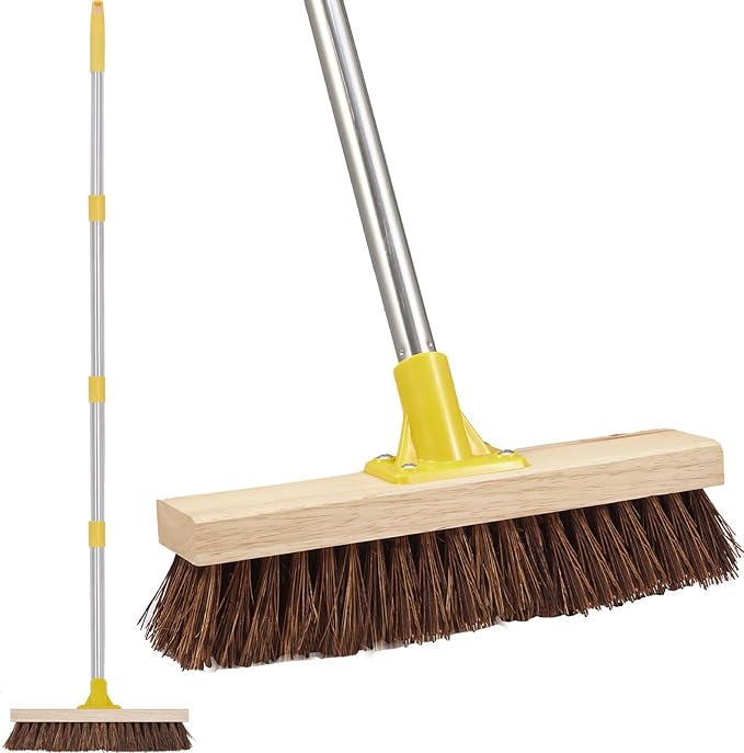 NICOFPHY Heavy Duty Floor Scrub Brush with Long Handle for Outdoor Cleaning | Deck Brush with Stiff Natural Palmyra Bristle, Floor Scrubber Brushes for Cleaning Concrete Floor, Garden, Patio, Shower