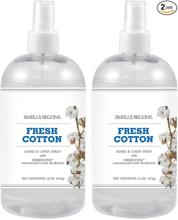 SMELLS BEGONE Air Freshener Home & Linen Spray - 16 oz, Pack of 2 - Odor Eliminator - Made with Essential Oils (Fresh Cotton)