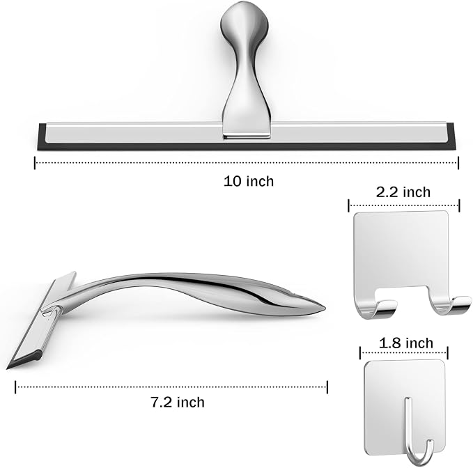 All-Purpose Stainless Steel Shower Squeegee for Shower Glass Door with 2 Adhesive Hooks, Bathroom Cleaner Tool Household Window Mirror Squeegee , Cleaning Tile Wall, Car, 10 Inch Silver