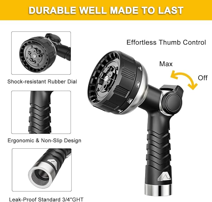 FANHAO Heavy Duty Garden Hose Nozzle, 100% Metal Water Hose Sprayer with 10 Spray Patterns, High Pressure Thumb Control On/Off Valve Water Nozzle for Plants Watering, Car & Pet Washing
