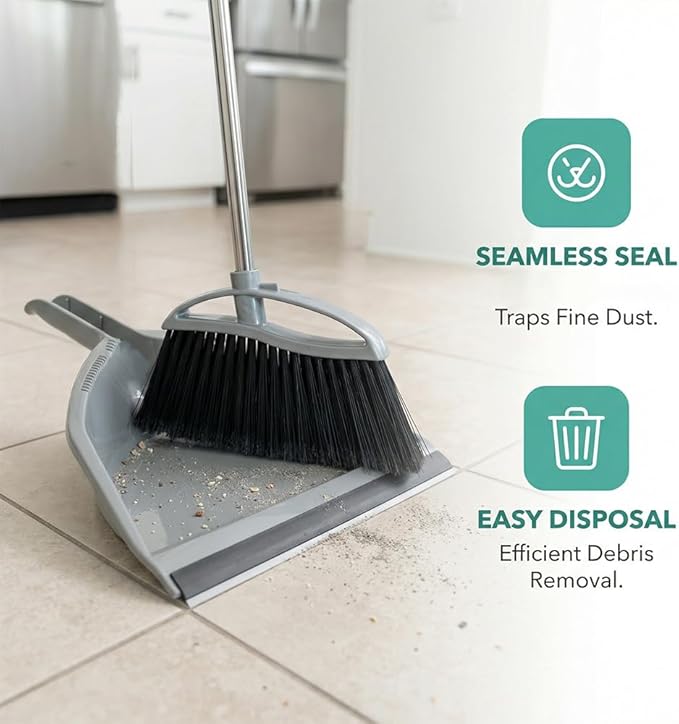 Soft Bristle Broom and Dustpan Set, Long Handle for Indoor Floor, Hardwood | Angled Broom Reach Corners and Cabinets, Rubber Lip Traps Fine Dust. Perfect for Tile, Office, Kitchen.