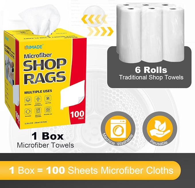 UNIMADE Shop Rags, 2 Boxes - 200 Sheets Microfiber Cleaning Cloth | Commercial Grade Washcloths Lint-Free Bulk Shops Towels for Cars Mechanic Restaurant Garage Housekeeping, 11"x 9", White