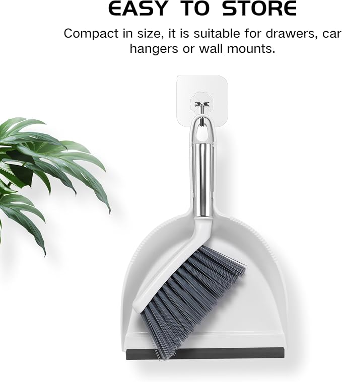 NACENA Mini Broom and Dustpan Set, Small Dust Pan and Brush Set, White&Gray | Dust Pan and Brush Set with Handle Dustpan Teeth for Cleaning Hair Suitable for Office Desks Drawers Sofas Outdoor Camping