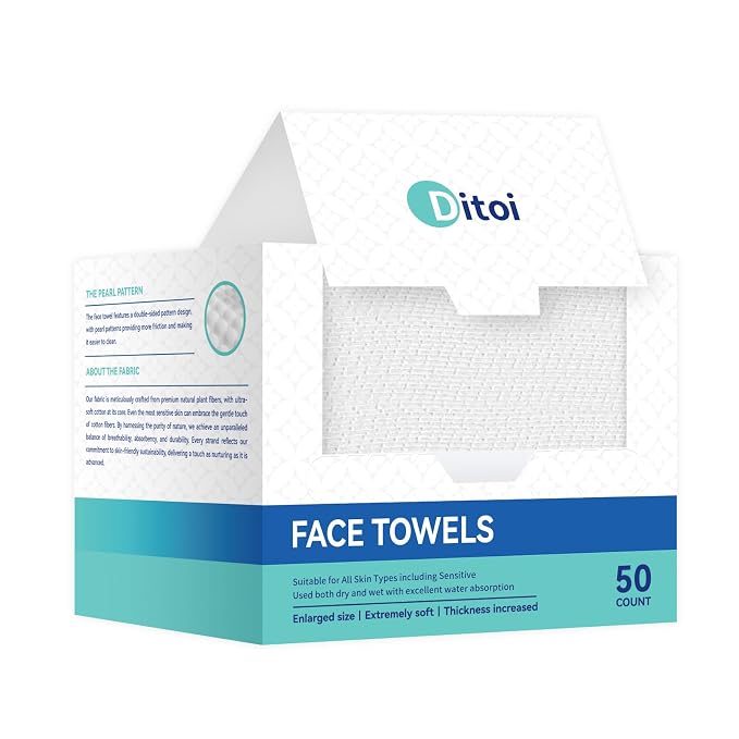 Ditoi Disposable Face Towels XXL, Soft Deep-Cleansing Face cloths,50 Count | Plant-Based Thick Facial Towels for Sensitive Skin,Disposable Washcloths for Skincare,Travel Essentials