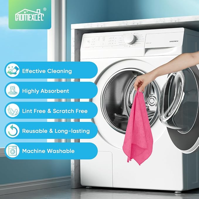 HOMEXCEL 24PK Microfiber Cleaning Cloth, Cleaning Rag for Home, 11.5x11.5in | Reusable, Lint Free, Scratch-Free and Highly Absorbent Towels for Kitchen, Window and Glass, Cars, Pink
