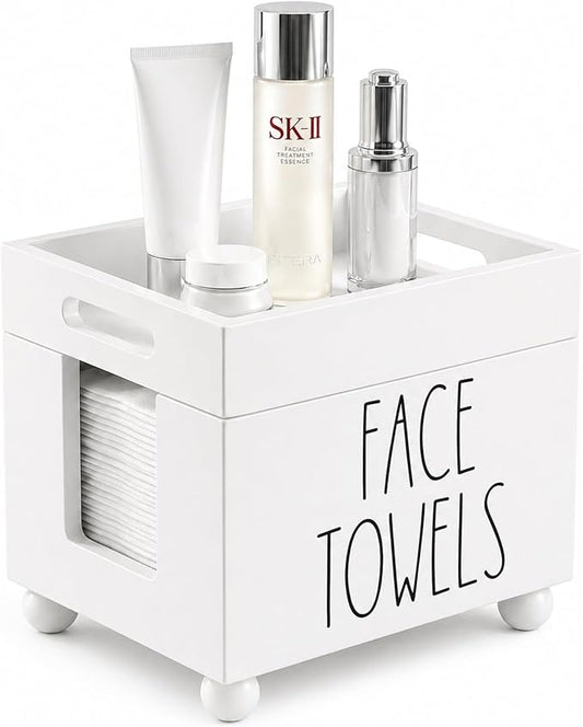 Disposable Face Towel Holder, Wooden Facial Towels Dispenser, Clean Towel XL Box for Bathroom Countertop, Open-Top Cleansing Wipes Organizer for Vanity, Rustic Skincare Storage (White)