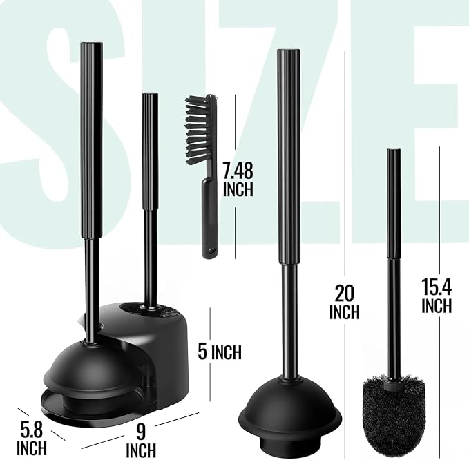 FORASTO 4 in 1 Toilet Brush and Plunger Set, Long Handle Combo, 2 Pack | Dark black bathroom cleaning tools with holder. Includes crevice brush for deep toilet bowl scrubbing.