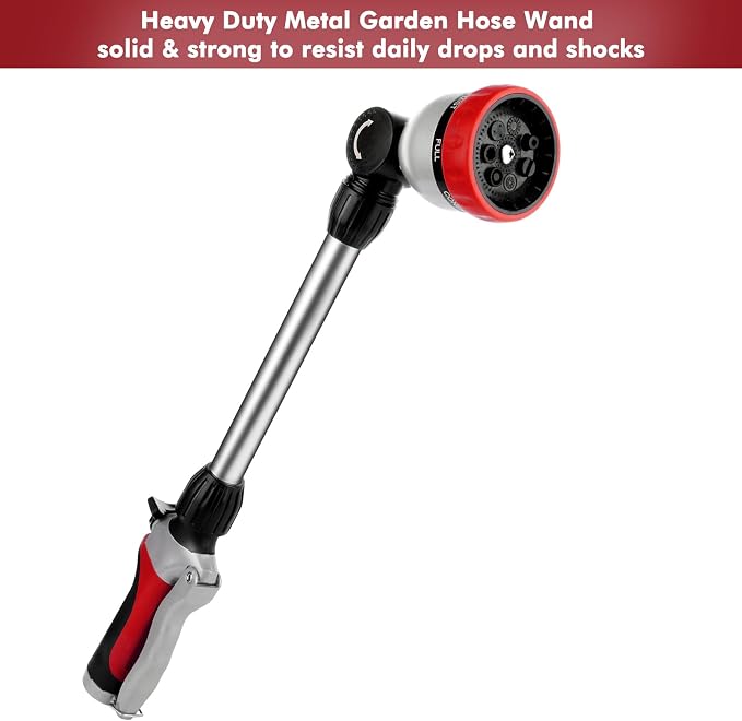 RESTMO Heavy Duty Metal Hose Wand, Watering Wand for Garden Hose | 180° Swivel Ratcheting Head, 16'' Hose Sprayer, 7 Spray Patterns, Flow Control, Ideal for Hanging Baskets & Shrubs, Red