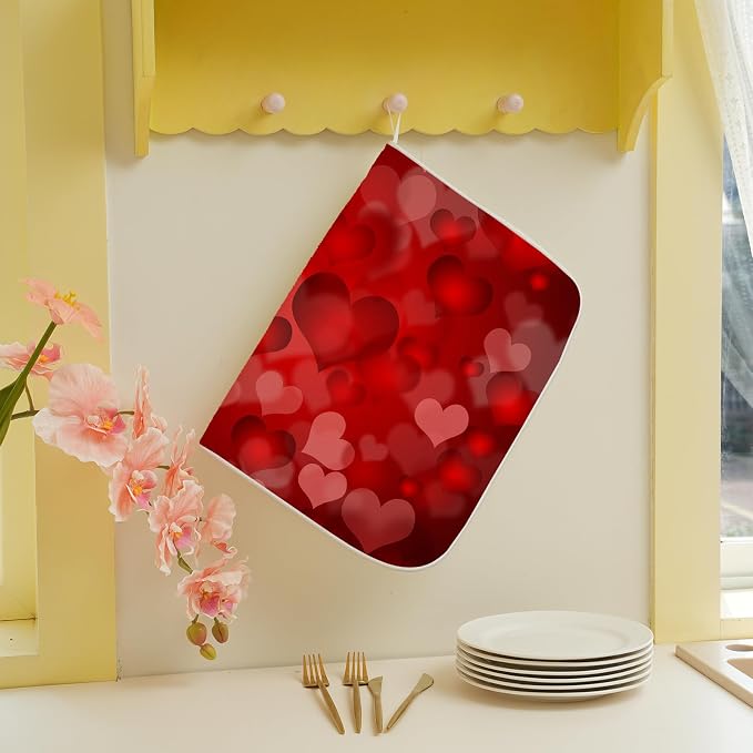 Red Valentines Dish Drying Mat 18x24 Inch Red Hearts Dish Drainer Protector Pad for Kitchen Counter Absorbent Holiday Drying Pad for Drainer Rack Kitchen Fast Dry