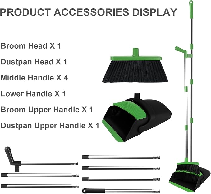 Green Broom and Dustpan Combo Set, 51" Long Handle Broom | Pet Hair & Debris Cleaning, Built-in Comb Dustpan, Space-Saving Upright Storage, Multi-Surface Use for Home, Kitchen & Office