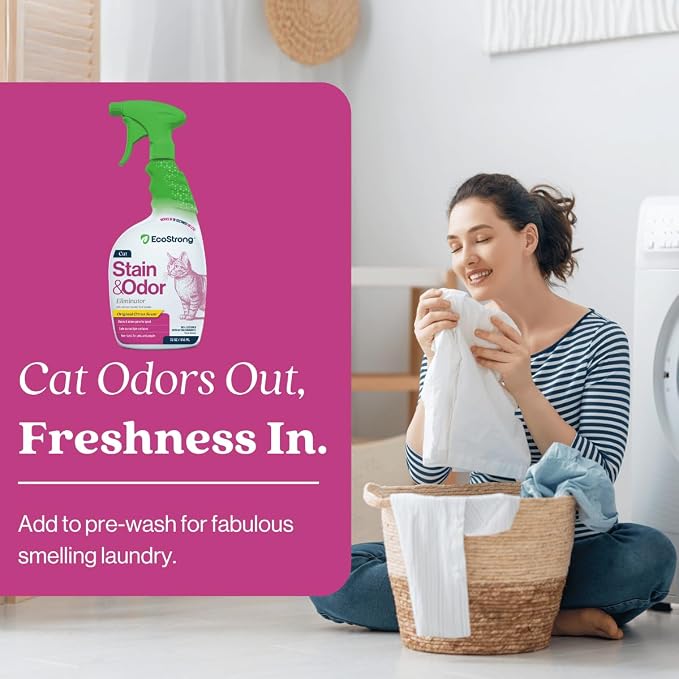 Eco Strong Cat Stain And Odor Remover | Enzyme Urine Odor Neutralizer - Stain Remover for Carpet, Litter Boxes, Bedding, and Laundry [Citrus Scent, 32 oz. Spray]