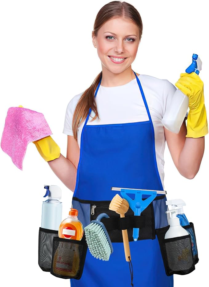 Tool Belt, Cleaning Apron for Cleaning Supplies, Tool Apron for Women and Men Housekeeping, Window Cleaning, 4 Bottle Carrier Bags, Black