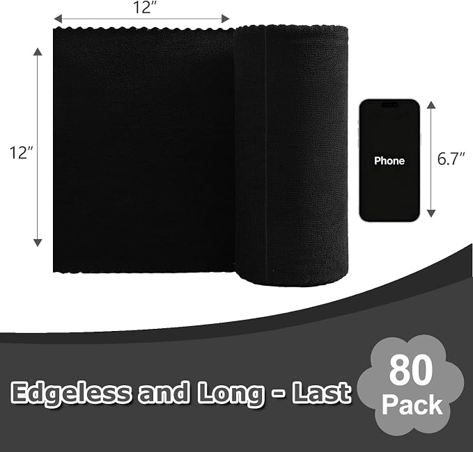 80 Pack Microfiber Cleaning Cloth Roll Reusable Paper Towels 12"x12" Black Tear Away Cloth, Microfiber Towels for Cars, Wash Cloths, Lint Free Rags for House, Kitchen,Window,Cleaning Supplies