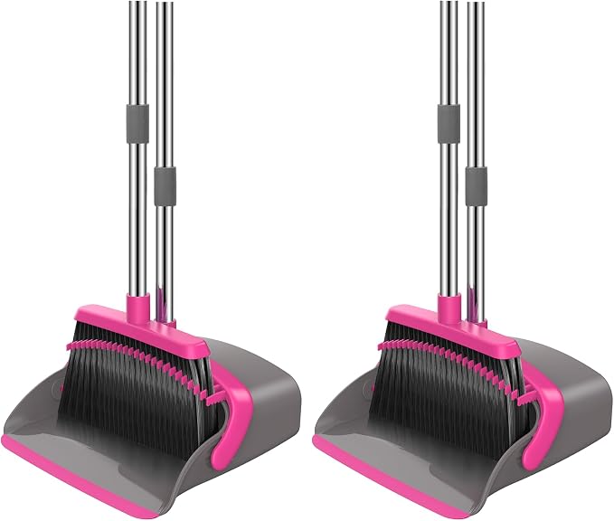 NACENA Broom and Dustpan Set, 52-in Long Adjustable Handle Broom Dustpan Combo with Dust pan Teeth to Automatically Clean Hair Suitable for Home Kitchen Office Hall Floor (Grey&Rose), 2 Pack