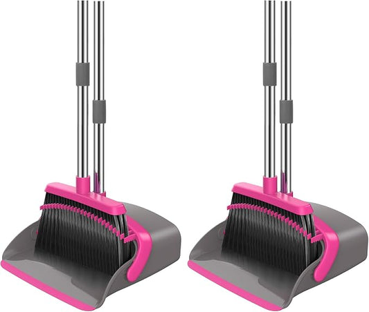 NACENA Broom and Dustpan Set, 52-in Long Adjustable Handle Broom Dustpan Combo with Dust pan Teeth to Automatically Clean Hair Suitable for Home Kitchen Office Hall Floor (Grey&Rose), 2 Pack