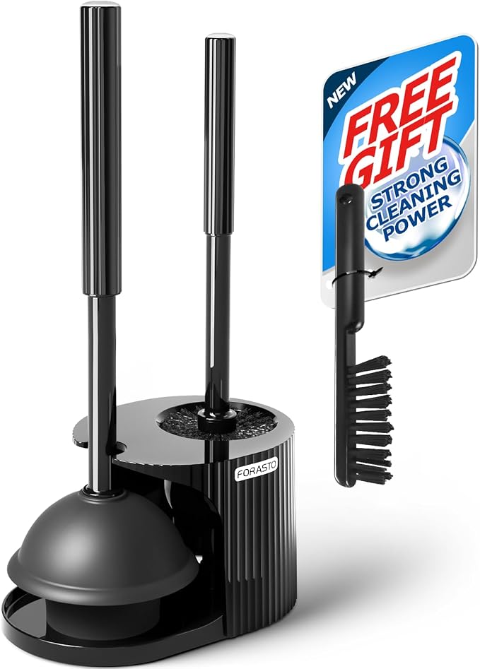 FORASTO 3in1 Toilet Plunger and Brush Set - Home Bathroom Cleaning Tools | 21" Extended, Groove Gap Brush, Heavy Duty Rubber Toilet Bowl Cleaner, Apartment Must Haves Bathroom Decor Accessories