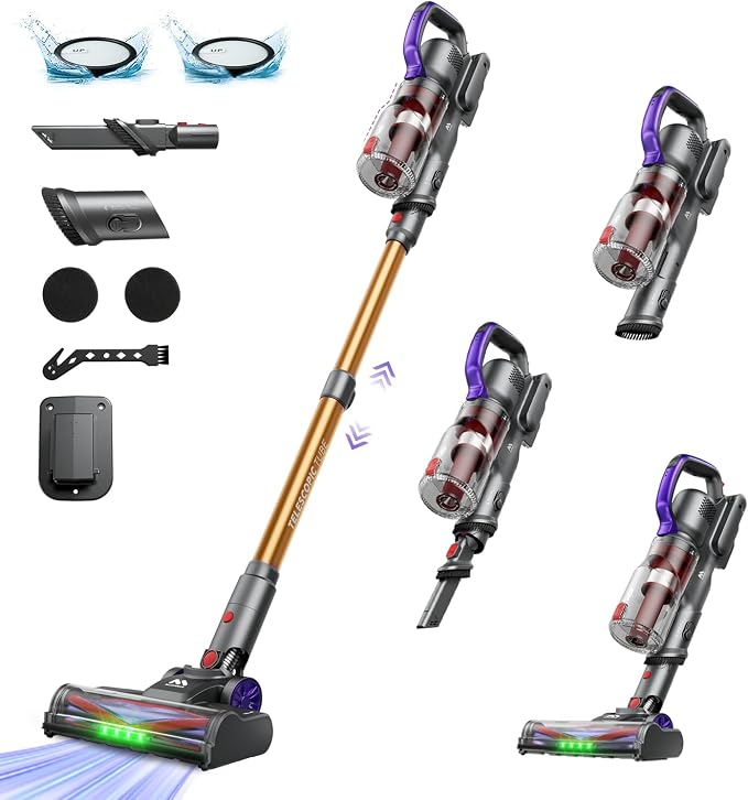 AlloyMove Cordless Vacuum Cleaner 45KPA, Up to 60mins Runtime Lightweight Powerful Suction Vacuum Cleaners for Home, 3 Suction Modes, Rechargeable Stick Vacuum for All Floor/Carpet/Pet Hair/Car, A03