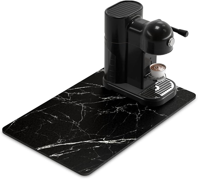 Rnivvi Coffee Mat, 12" x 19" Cute Marble Style Coffee Bar Mats for Espresso Machine Station Accessories and Organizer, Hide Stain Rubber Backed Absorbent Dish Drying Pad for Kitchen Counter, Black