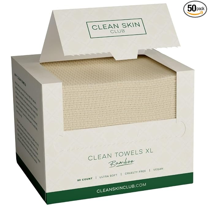 Clean Skin Club Bamboo Viscose Clean Towels® XL 100% USDA Biobased Face Towel, Disposable Face Towelette, Makeup Remover Dry Wipes, Ultra Soft, 50 Ct, 1 Pack
